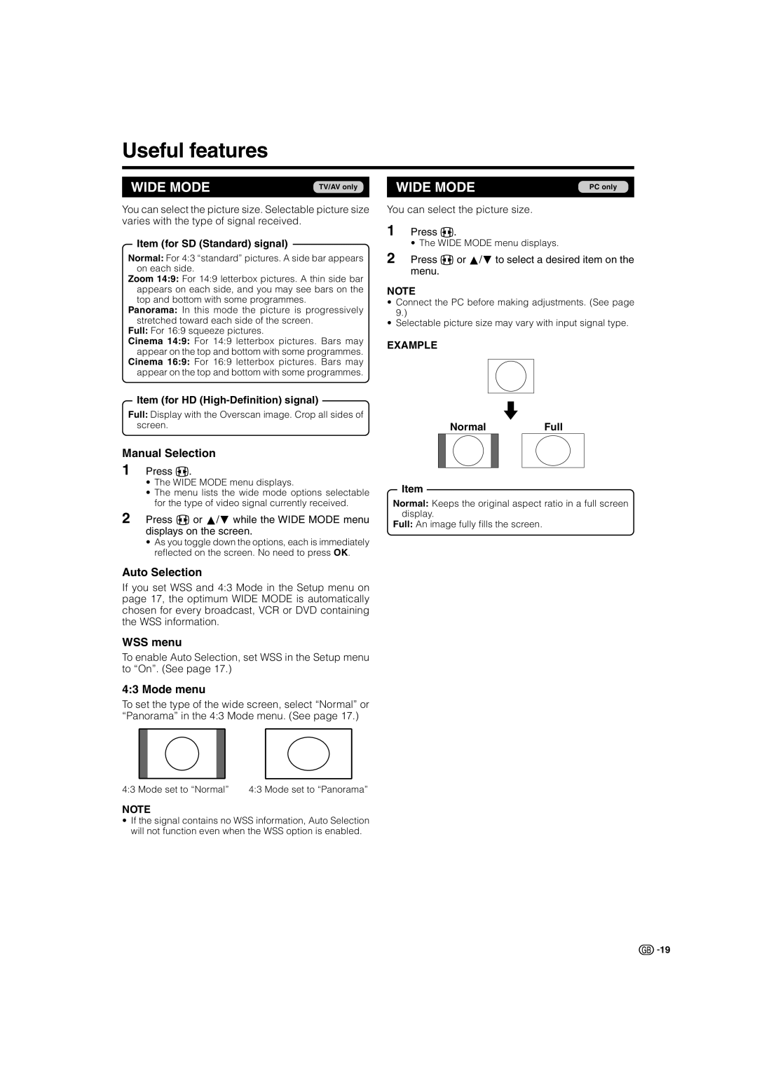 Sharp LC-32SV1E operation manual Useful features, Manual Selection, Auto Selection, WSS menu, Mode menu 