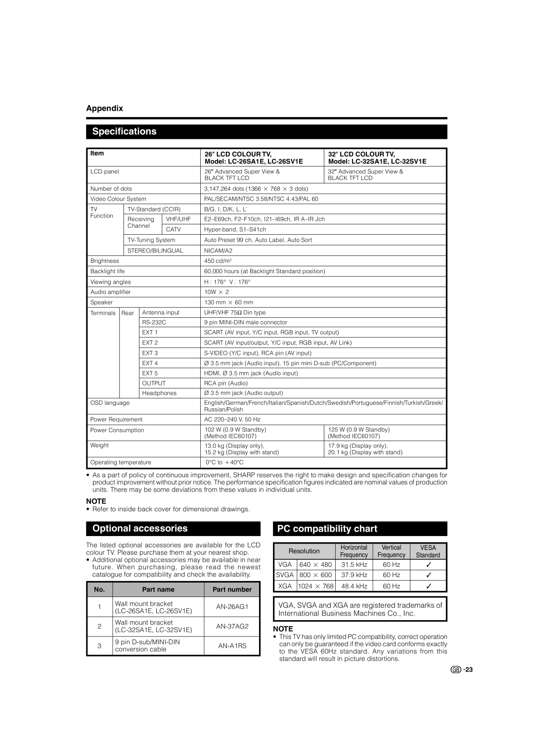 Sharp LC-32SV1E operation manual Specifications, Optional accessories, PC compatibility chart, Part name Part number 