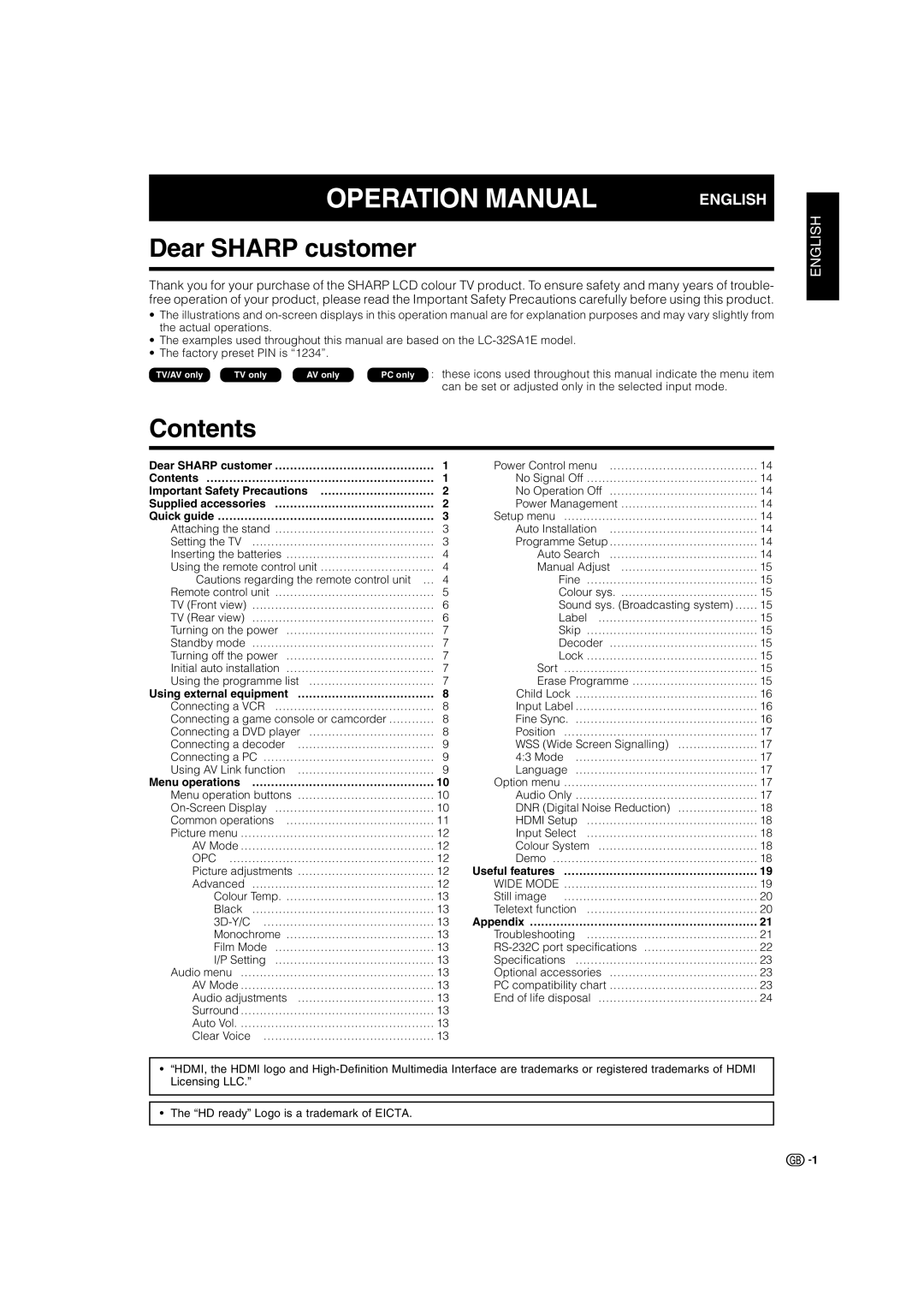 Sharp LC-32SV1E operation manual Dear Sharp customer, Contents 