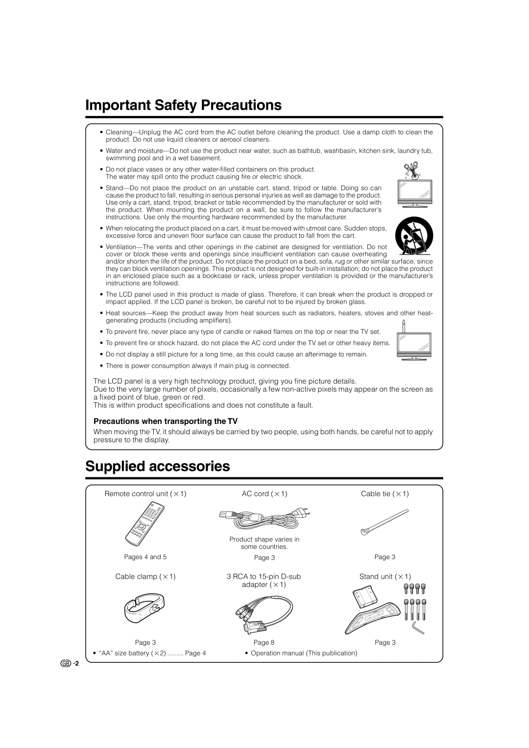 Sharp LC-32SV1E operation manual Important Safety Precautions, Supplied accessories, Precautions when transporting the TV 