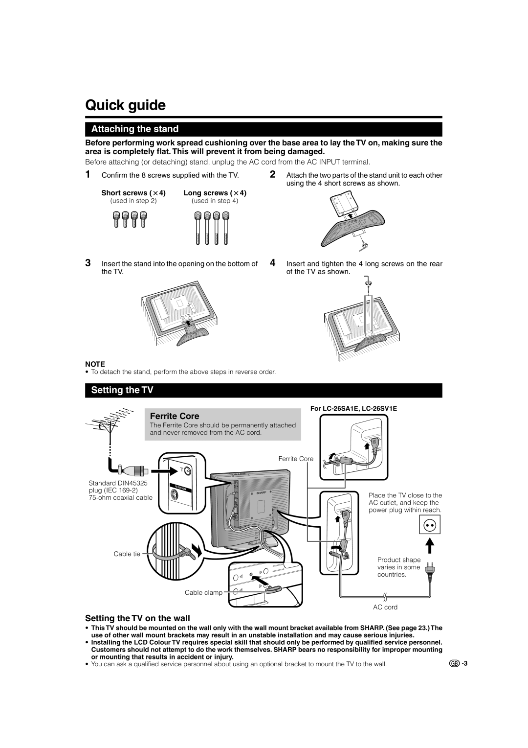 Sharp LC-32SV1E operation manual Quick guide, Attaching the stand, Ferrite Core, Setting the TV on the wall 