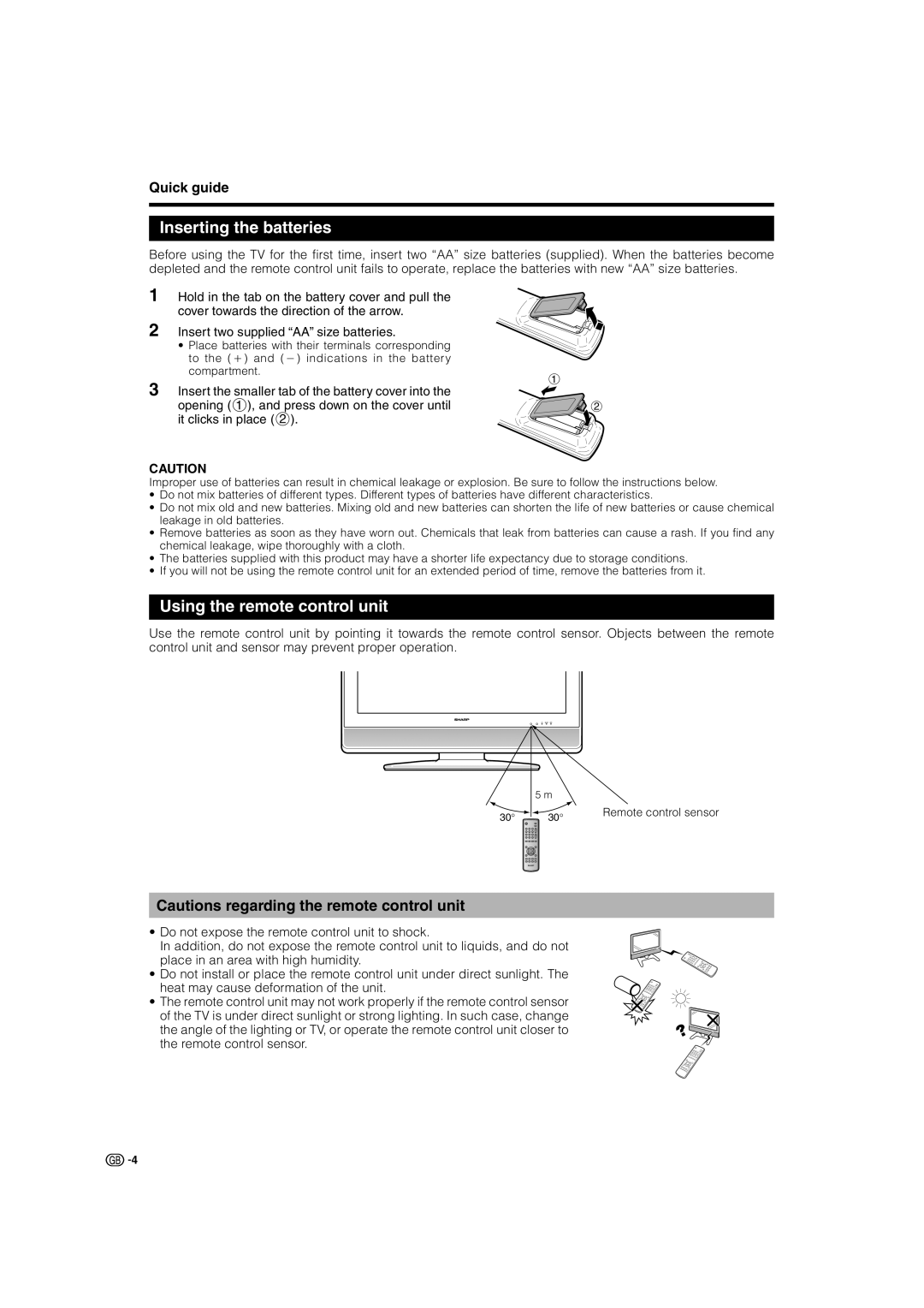 Sharp LC-32SV1E operation manual Inserting the batteries, Using the remote control unit, Quick guide 