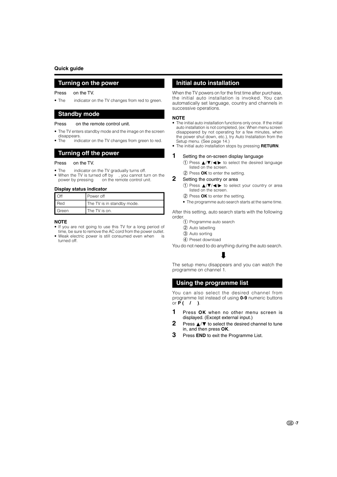 Sharp LC-32SV1E operation manual Turning on the power, Standby mode, Turning off the power, Initial auto installation 