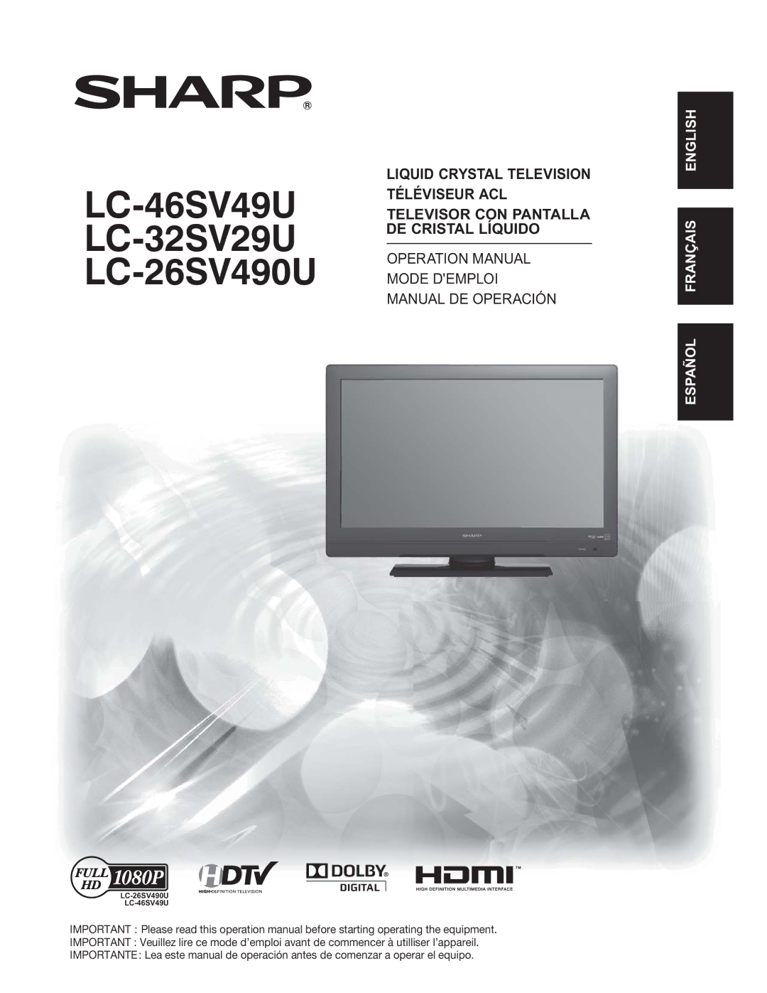 Sharp operation manual LC-46SV49U LC-32SV29U LC-26SV490U 