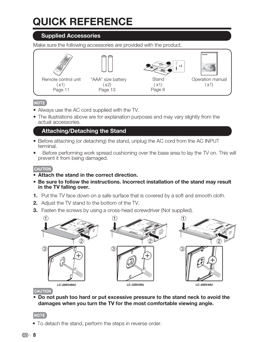 Sharp LC-46SV49U, LC-32SV29U, LC-26SV490U Quick Reference, Supplied Accessories, Attaching/Detaching the Stand 