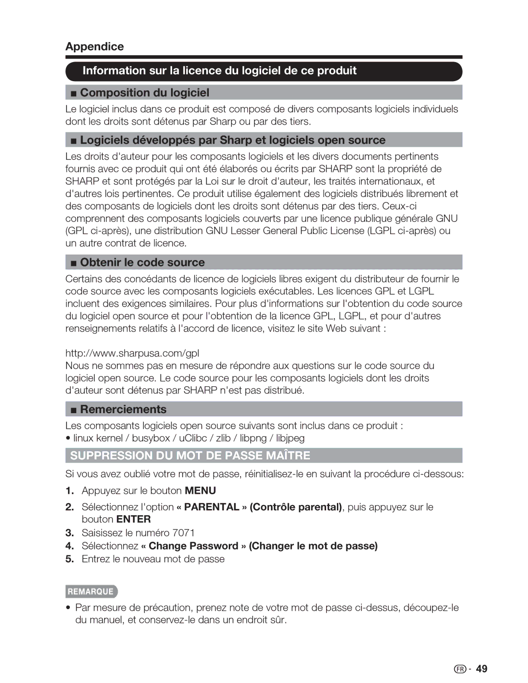 Sharp LC-32SV29U, LC-46SV49U Information sur la licence du logiciel de ce produit, Suppression DU MOT DE Passe Maître 