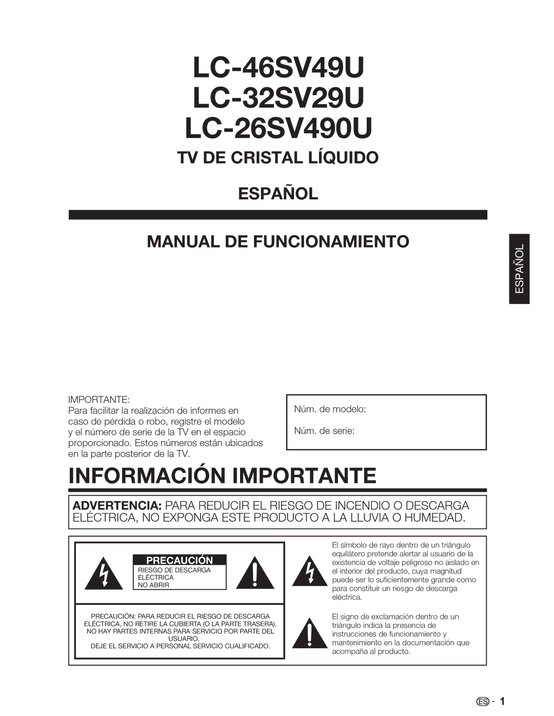 Sharp operation manual LC-46SV49U LC-32SV29U LC-26SV490U, Información Importante 