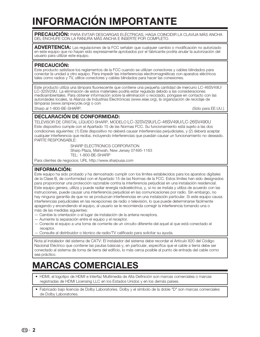 Sharp LC-32SV29U, LC-46SV49U, LC-26SV490U operation manual Marcas Comerciales 