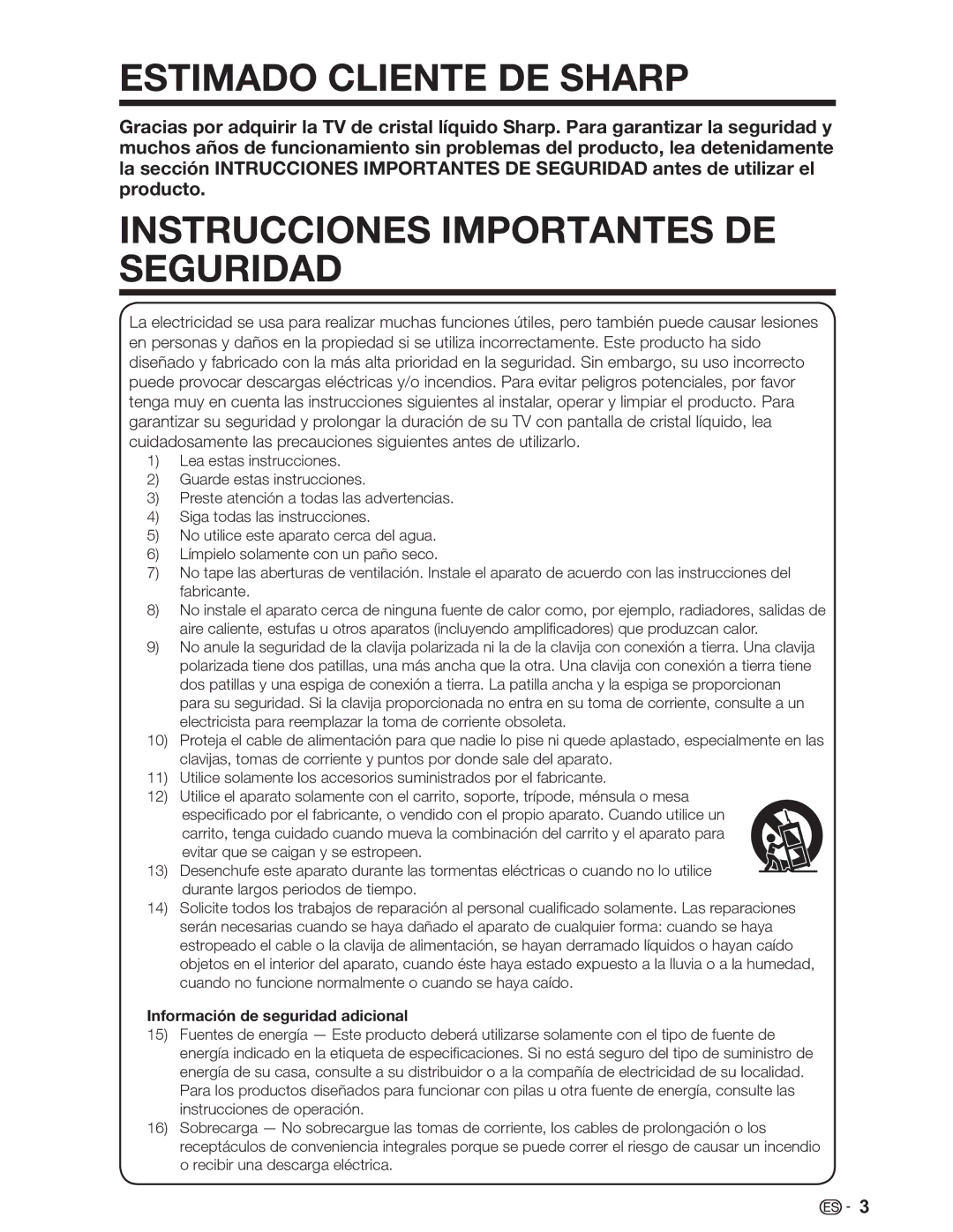 Sharp LC-46SV49U, LC-32SV29U, LC-26SV490U operation manual Estimado Cliente DE Sharp, Instrucciones Importantes DE Seguridad 