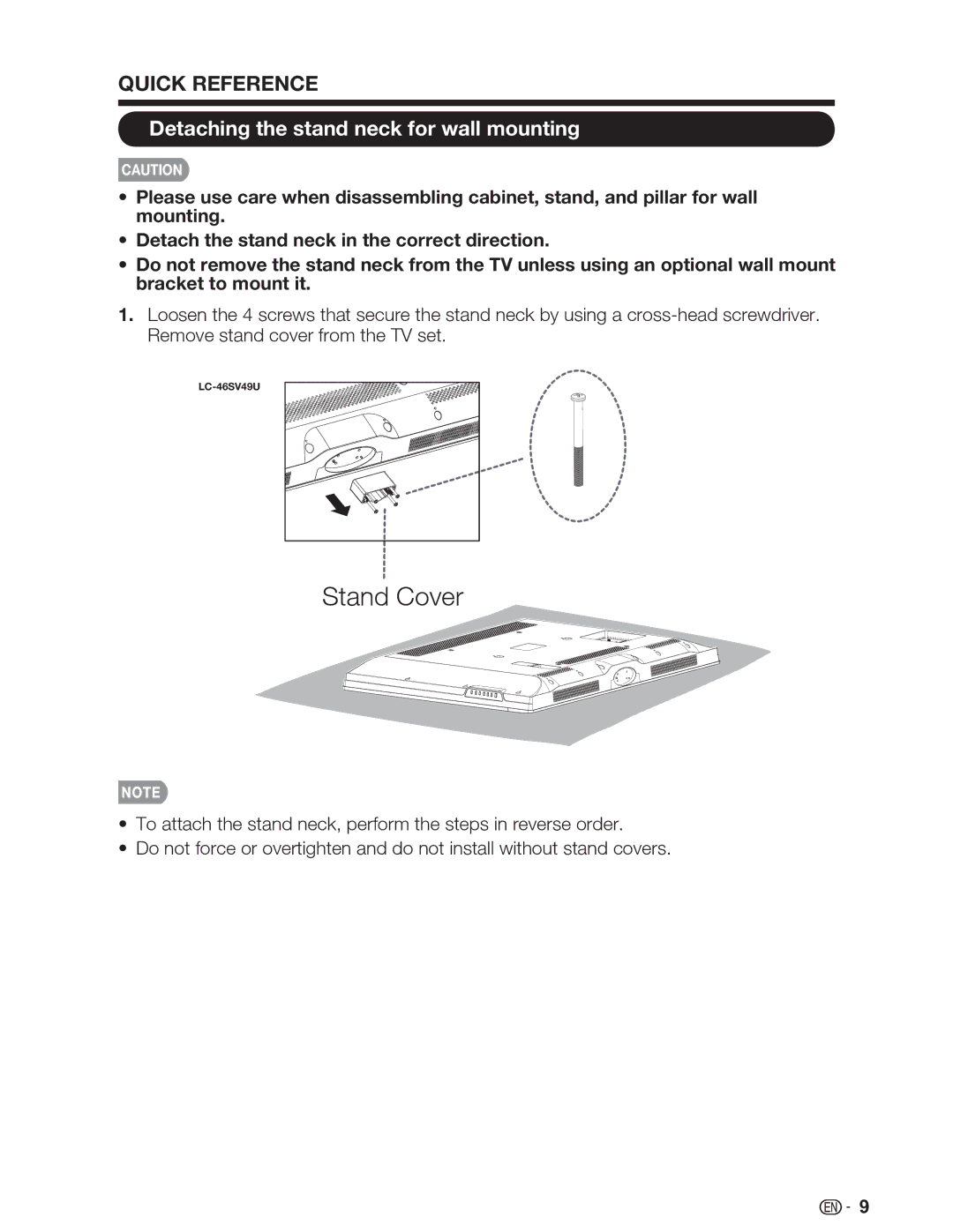 Sharp LC-26SV490U, LC-32SV29U, LC-46SV49U operation manual Quick Reference, Detaching the stand neck for wall mounting 