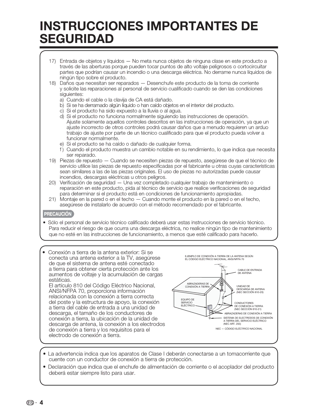 Sharp LC-26SV490U, LC-32SV29U, LC-46SV49U operation manual Instrucciones Importantes DE Seguridad 