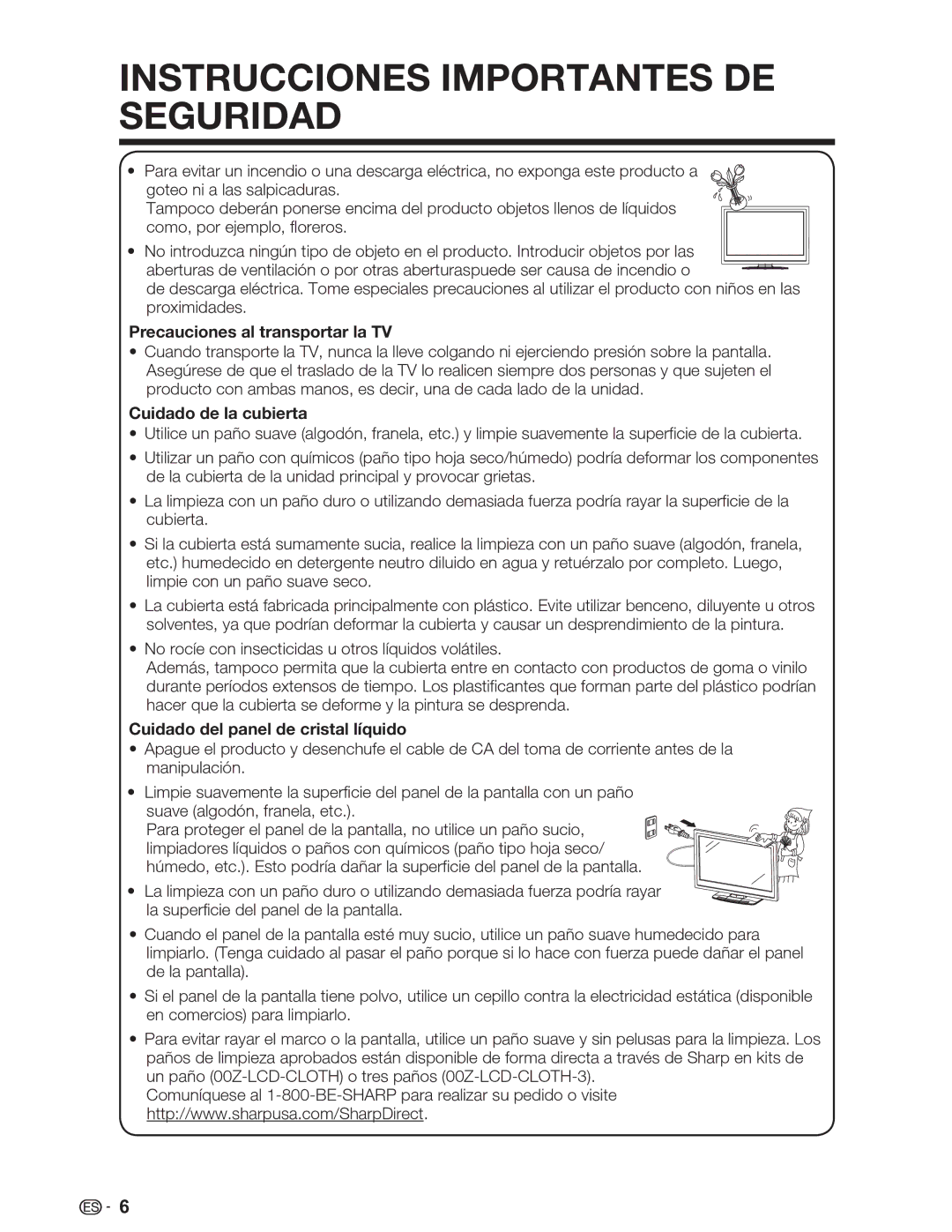 Sharp LC-46SV49U Precauciones al transportar la TV, Cuidado de la cubierta, Cuidado del panel de cristal líquido 