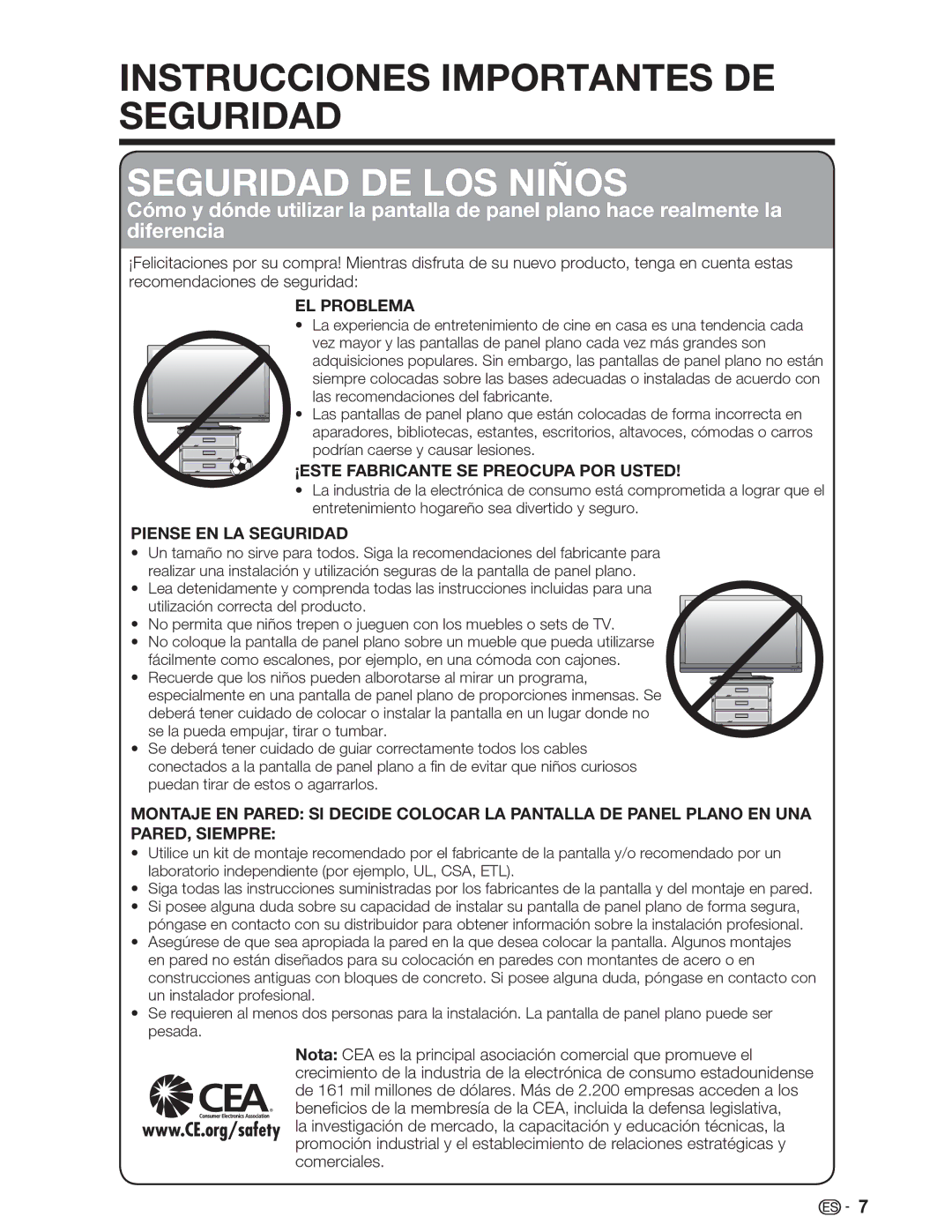 Sharp LC-26SV490U, LC-32SV29U, LC-46SV49U operation manual Seguridad DE LOS Niños 