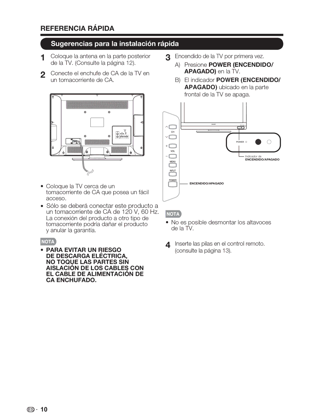 Sharp LC-26SV490U, LC-32SV29U, LC-46SV49U Sugerencias para la instalación rápida, El indicador Power Encendido 