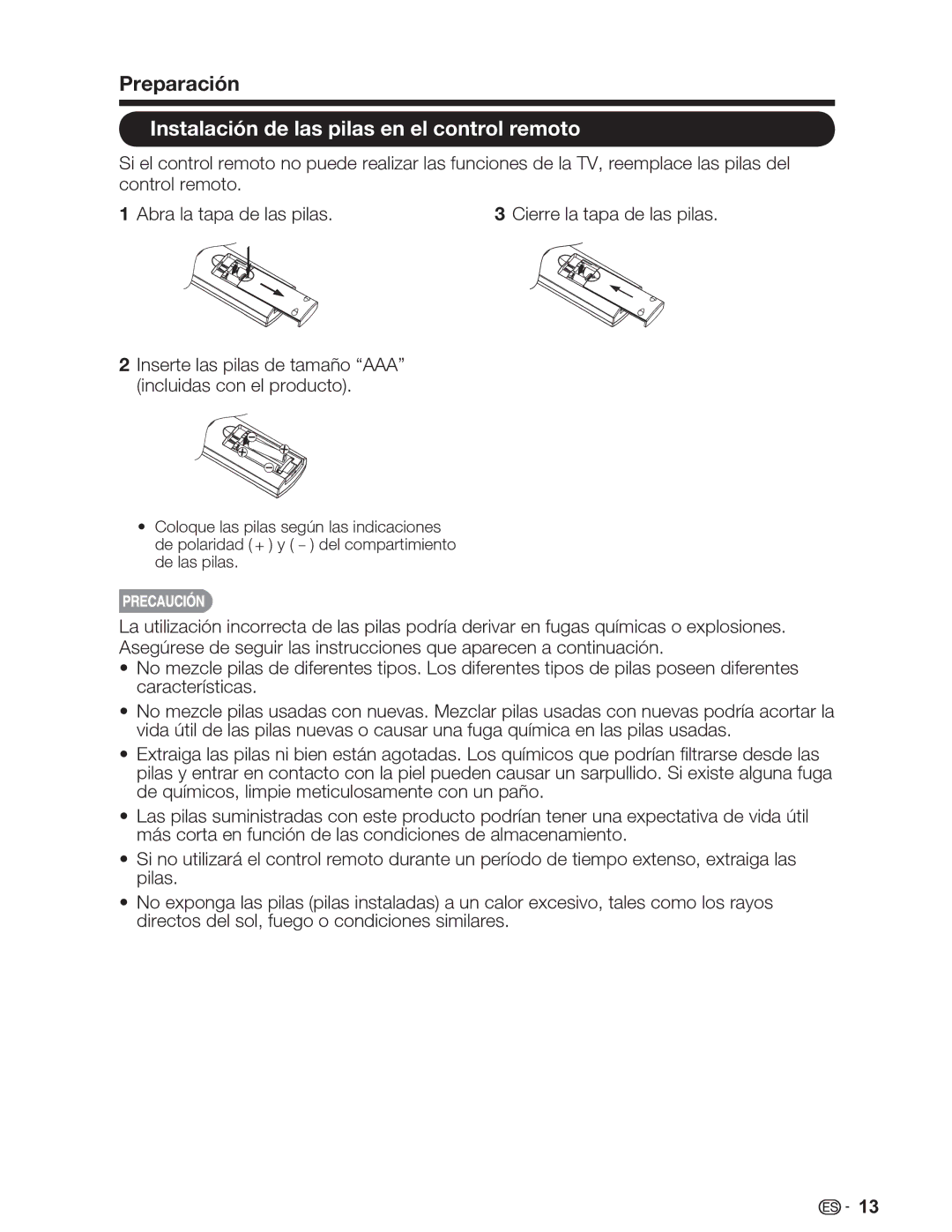 Sharp LC-26SV490U, LC-32SV29U, LC-46SV49U operation manual Preparación, Instalación de las pilas en el control remoto 