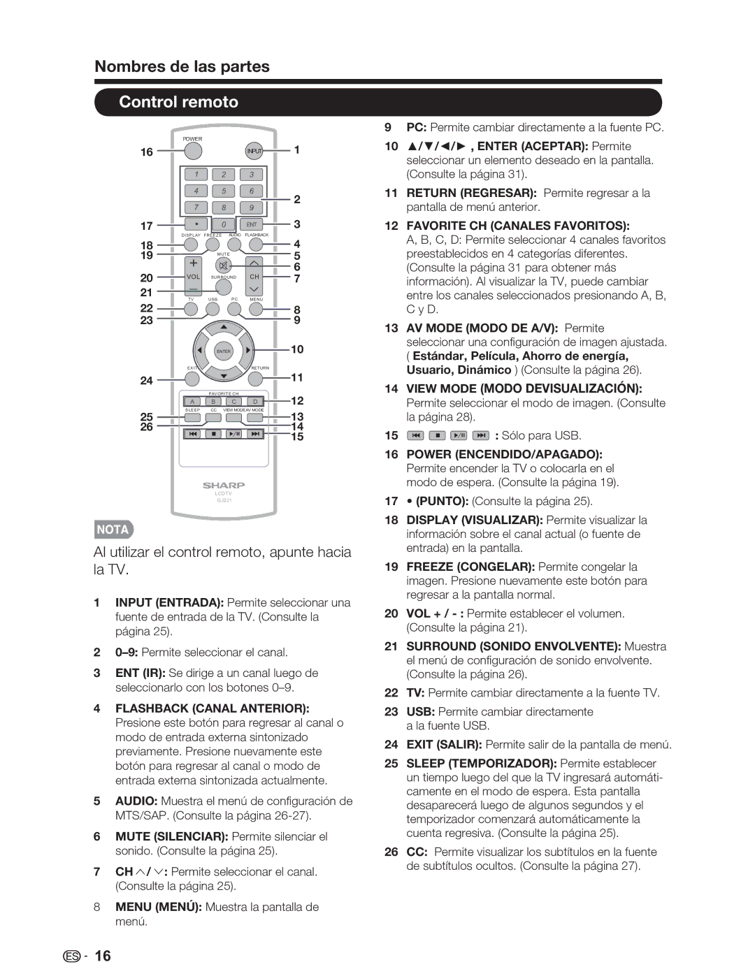 Sharp LC-26SV490U, LC-32SV29U, LC-46SV49U operation manual Nombres de las partes, Control remoto 