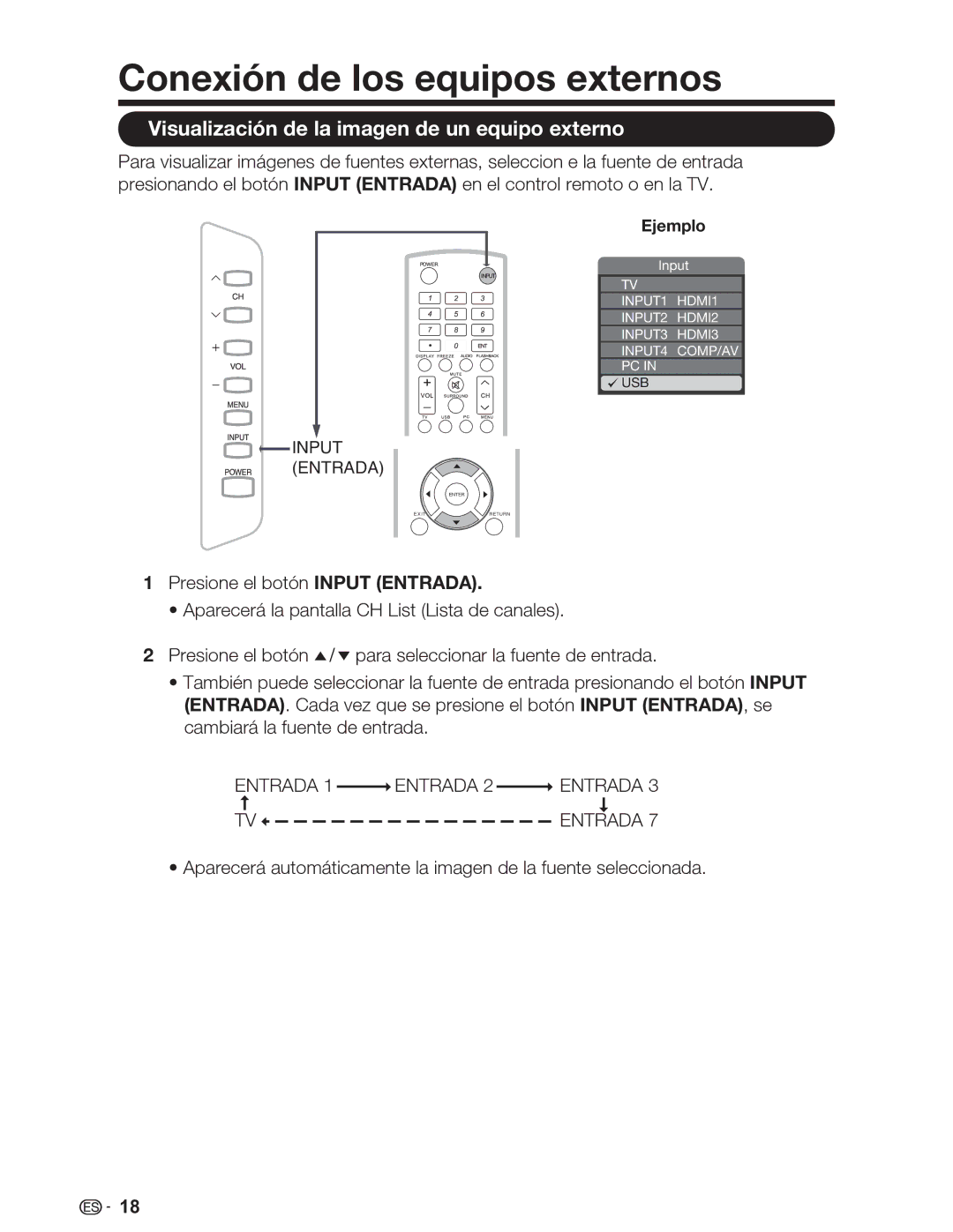 Sharp LC-46SV49U, LC-32SV29U Conexión de los equipos externos, Visualización de la imagen de un equipo externo, Ejemplo 