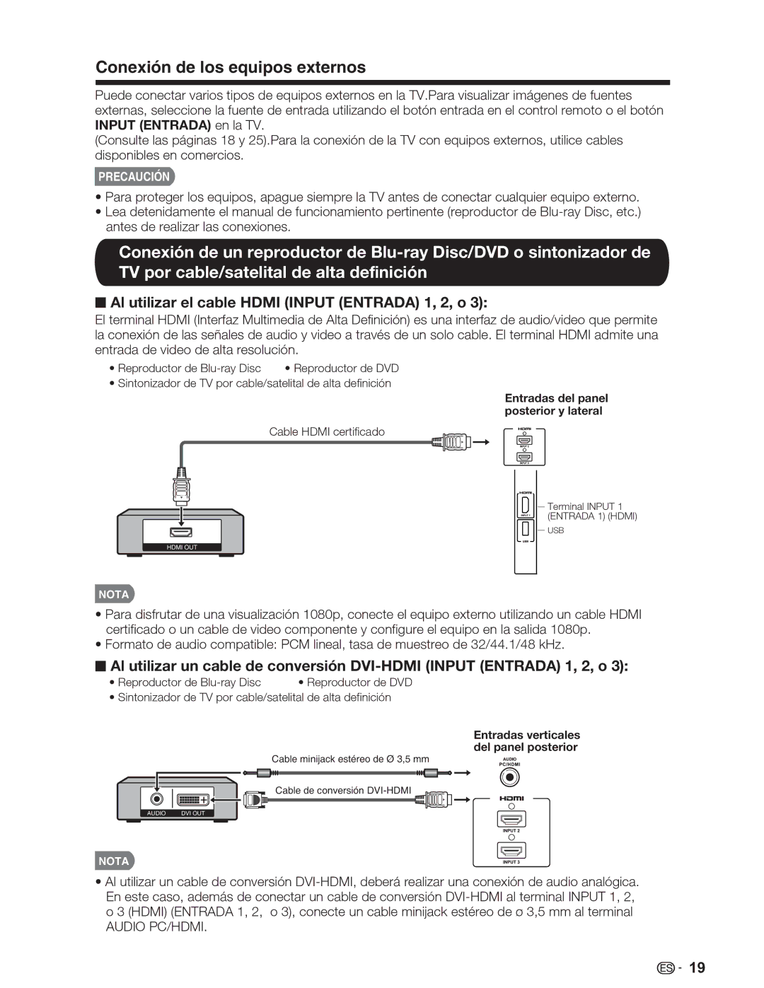 Sharp LC-26SV490U, LC-32SV29U, LC-46SV49U Conexión de los equipos externos, Al utilizar el cable Hdmi Input Entrada 1, 2, o 