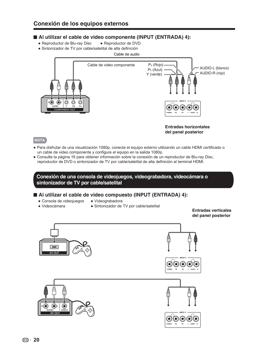 Sharp LC-32SV29U, LC-46SV49U, LC-26SV490U operation manual Al utilizar el cable de video componente Input Entrada 