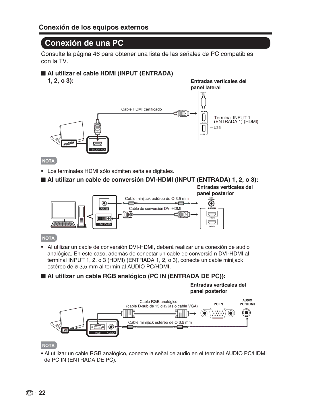 Sharp LC-26SV490U, LC-32SV29U, LC-46SV49U operation manual Conexión de una PC 