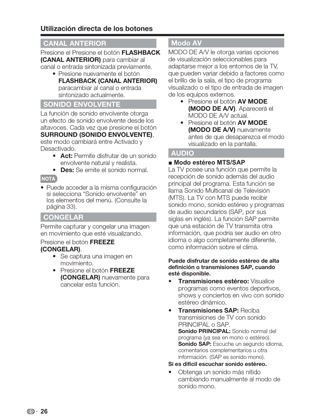 Sharp LC-32SV29U Utilización directa de los botones, Canal Anterior, Sonido Envolvente, Congelar, Modo estéreo MTS/SAP 