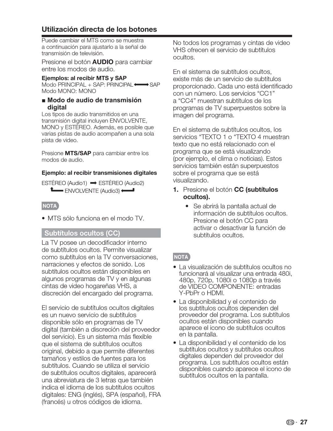 Sharp LC-46SV49U, LC-32SV29U Subtítulos ocultos CC, Modo de audio de transmisión Digital, Ejemplos al recibir MTS y SAP 