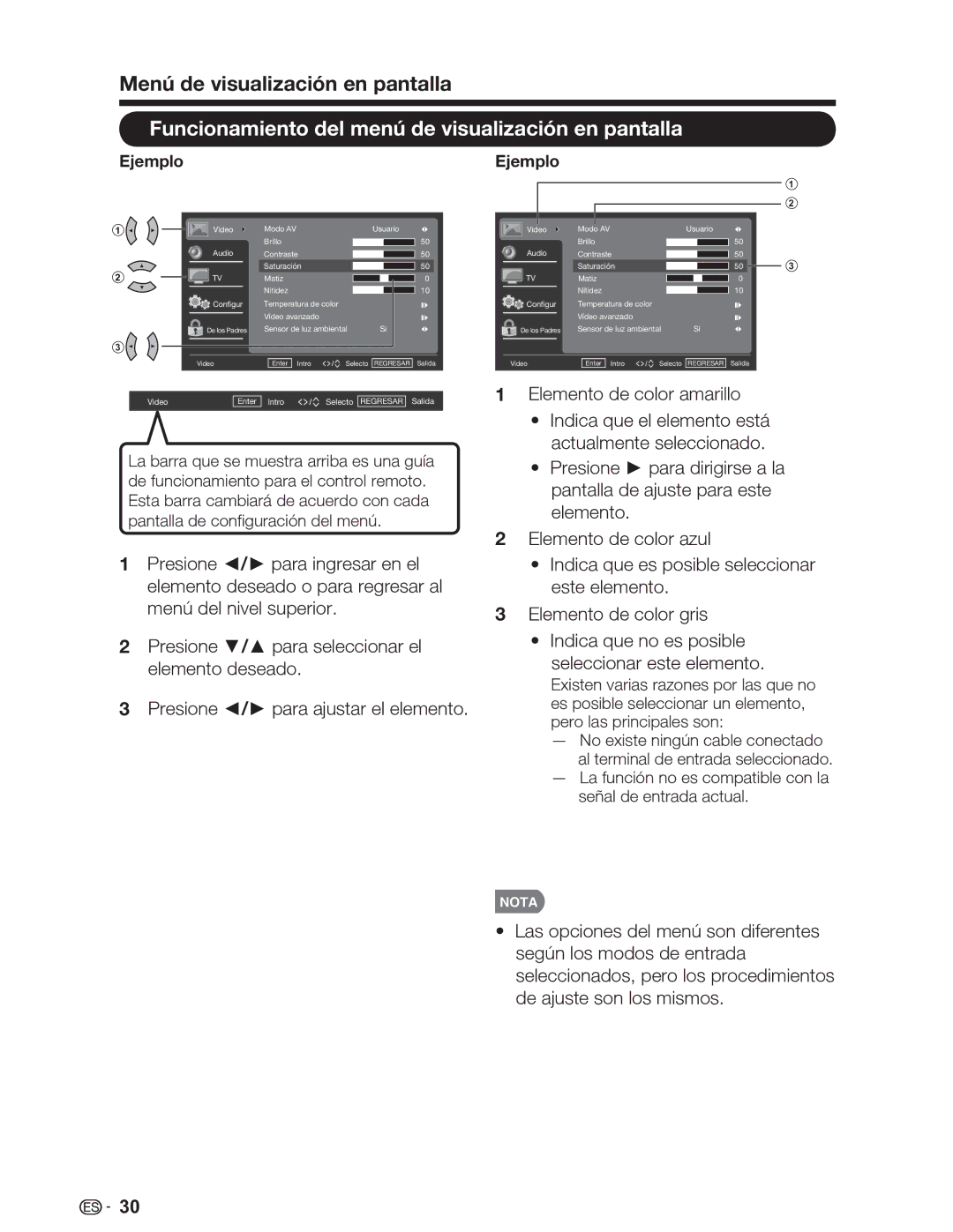 Sharp LC-46SV49U, LC-32SV29U Menú de visualización en pantalla, Funcionamiento del menú de visualización en pantalla 