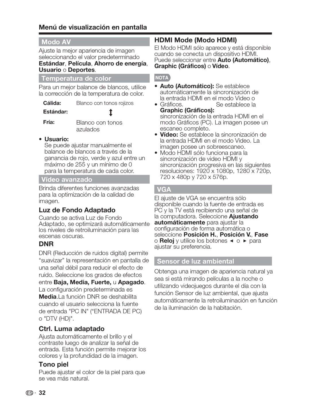 Sharp LC-32SV29U, LC-46SV49U, LC-26SV490U Modo AV, Temperatura de color, Vídeo avanzado, Sensor de luz ambiental 