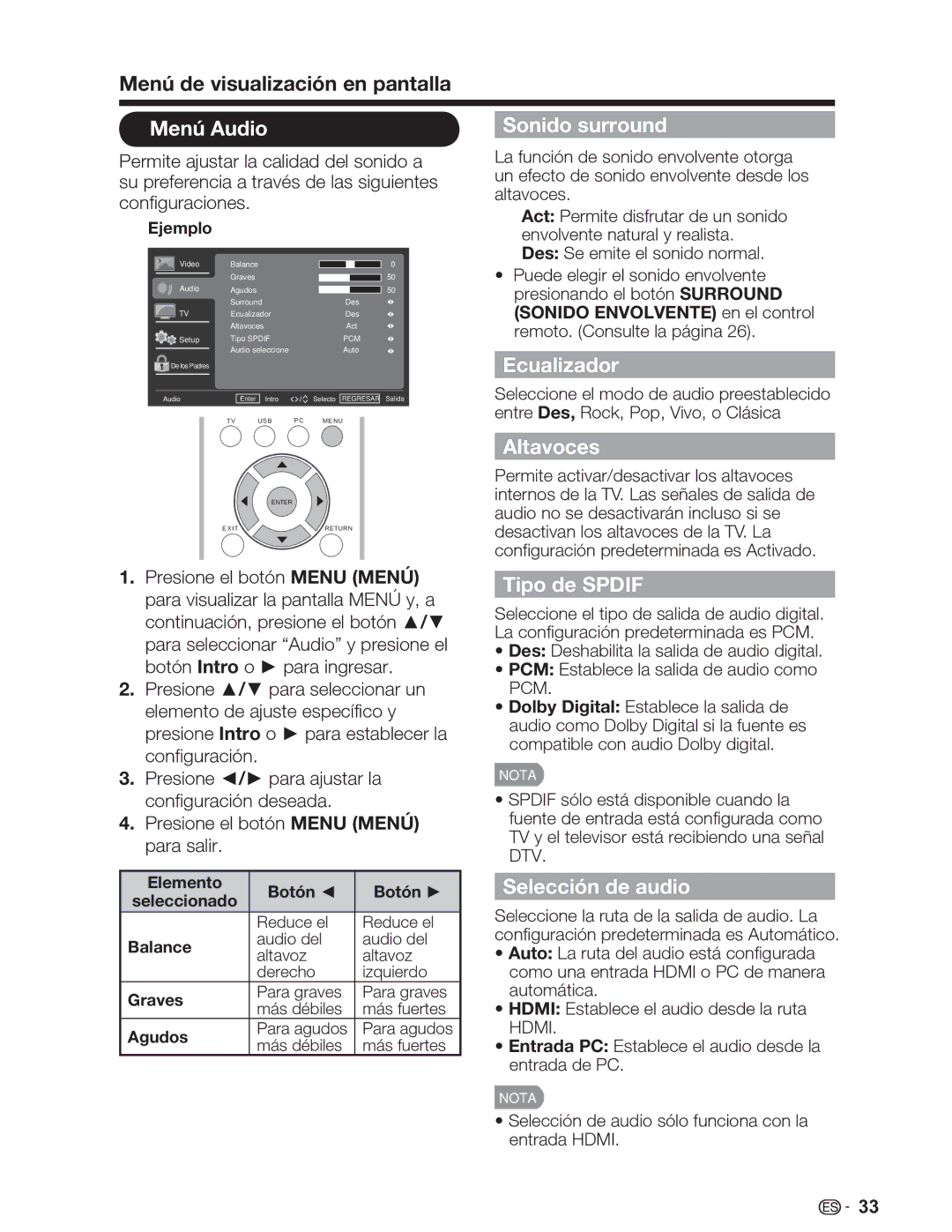 Sharp LC-46SV49U, LC-32SV29U Menú Audio Sonido surround, Ecualizador, Altavoces, Tipo de Spdif, Selección de audio 