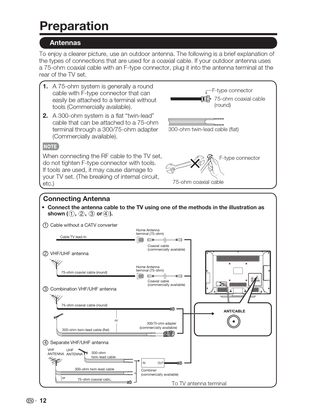 Sharp LC-26SV490U, LC-32SV29U, LC-46SV49U operation manual Preparation, Antennas, Connecting Antenna Cable 