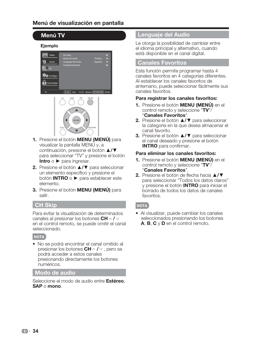 Sharp LC-26SV490U, LC-32SV29U, LC-46SV49U operation manual Menú TV Lenguaje del Audio, Canales Favoritos, Modo de audio 