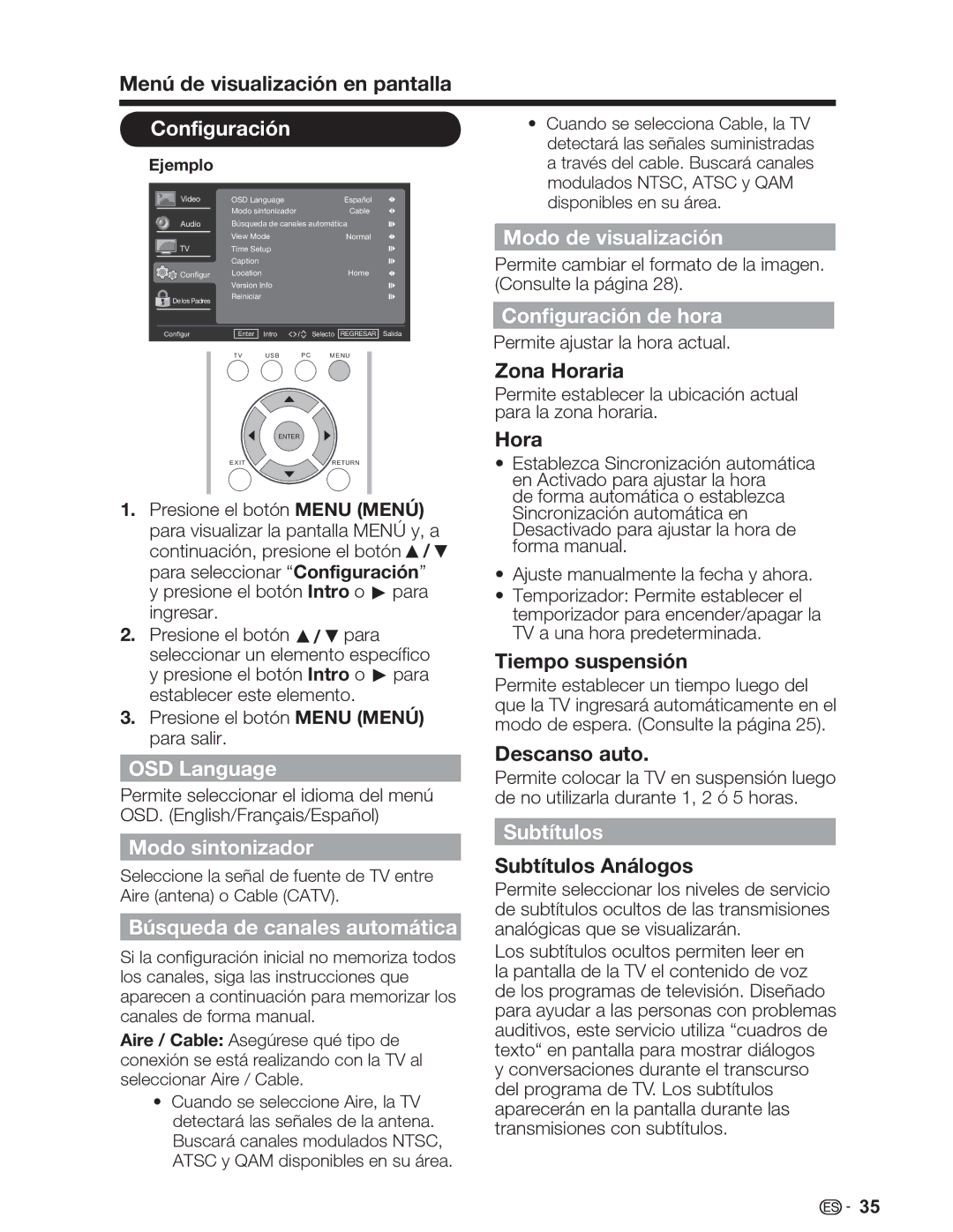 Sharp LC-32SV29U Modo de visualización, Configuración de hora, Modo sintonizador, Búsqueda de canales automática 