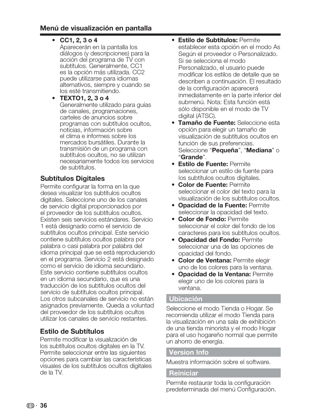 Sharp LC-46SV49U, LC-32SV29U, LC-26SV490U operation manual Subtítulos Digitales, Estilo de Subtítulos, Ubicación, Reiniciar 