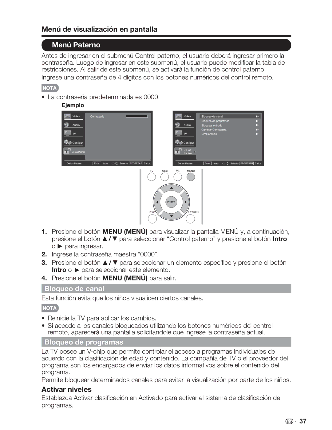 Sharp LC-26SV490U, LC-32SV29U, LC-46SV49U Menú Paterno, Bloqueo de canal, Bloqueo de programas, Activar niveles 