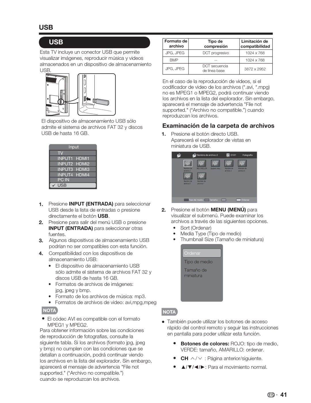 Sharp LC-32SV29U, LC-46SV49U, LC-26SV490U operation manual Examinación de la carpeta de archivos, Miniatura de USB 