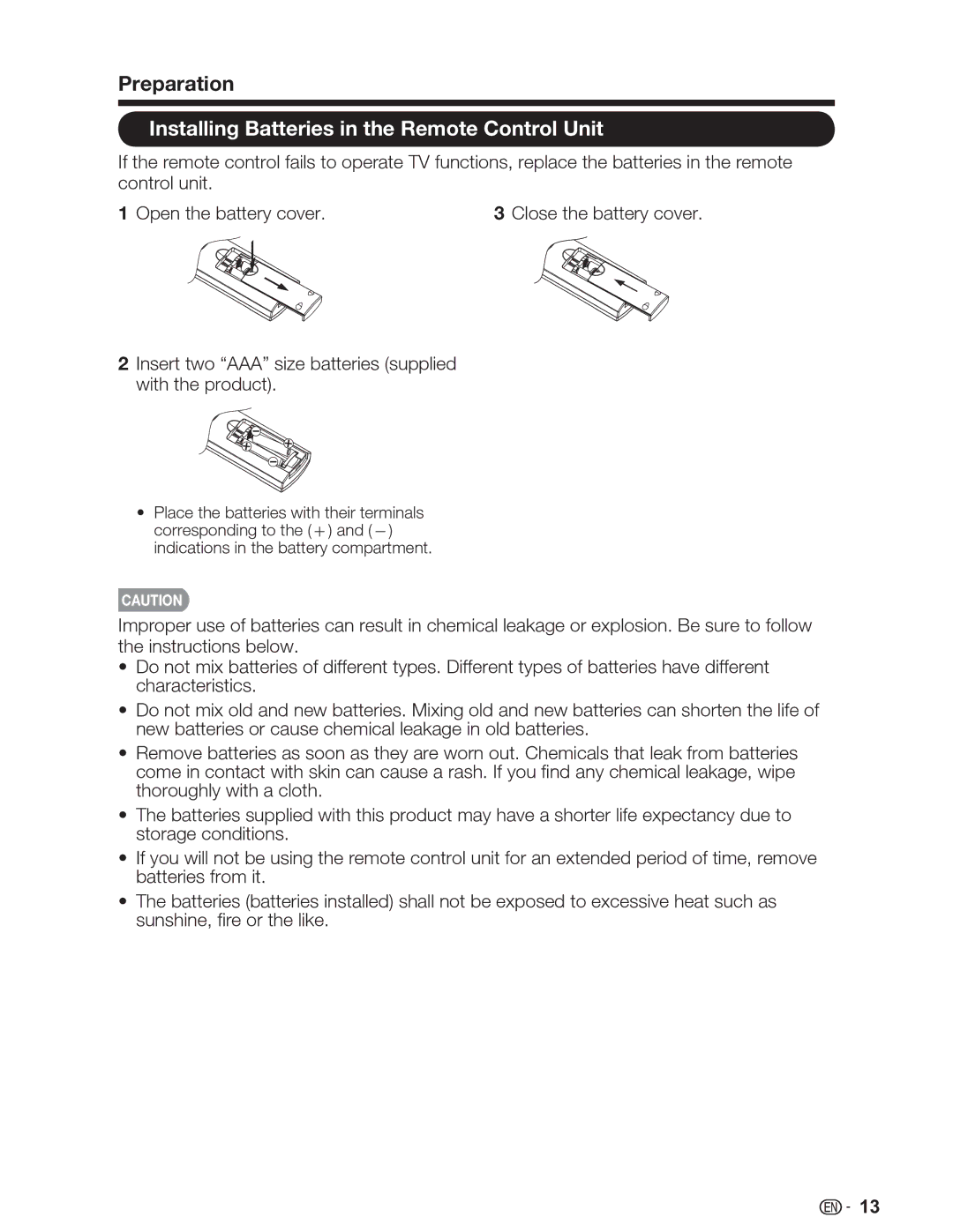 Sharp LC-32SV29U, LC-46SV49U, LC-26SV490U operation manual Preparation, Installing Batteries in the Remote Control Unit 