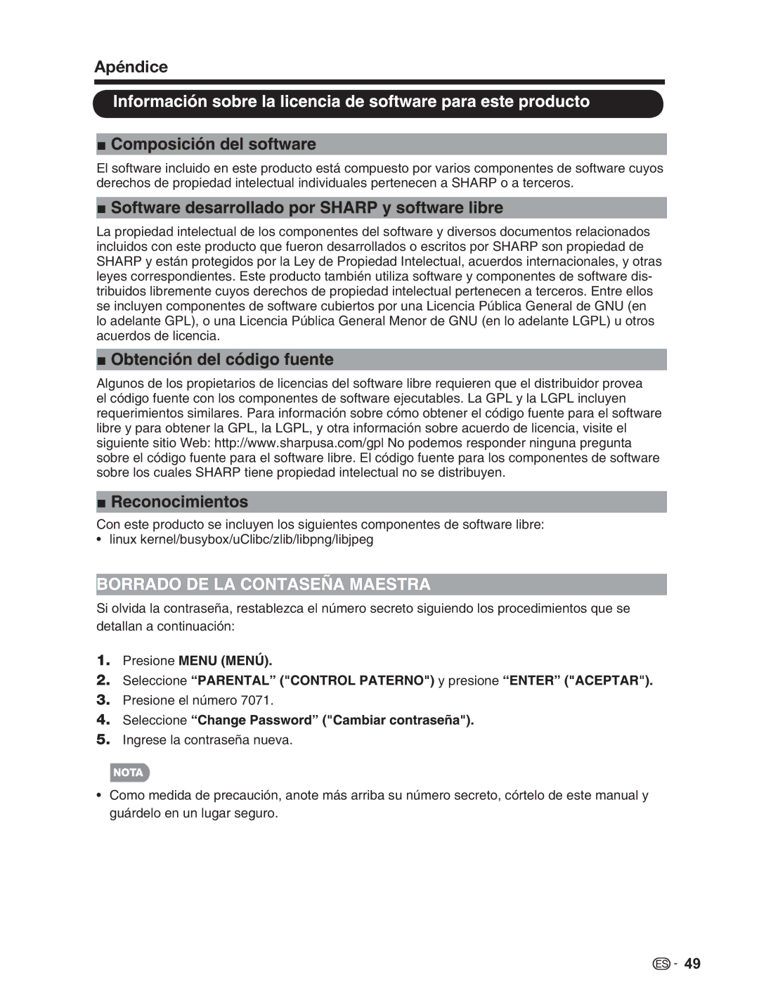 Sharp LC-26SV490U, LC-32SV29U, LC-46SV49U operation manual Apéndice 