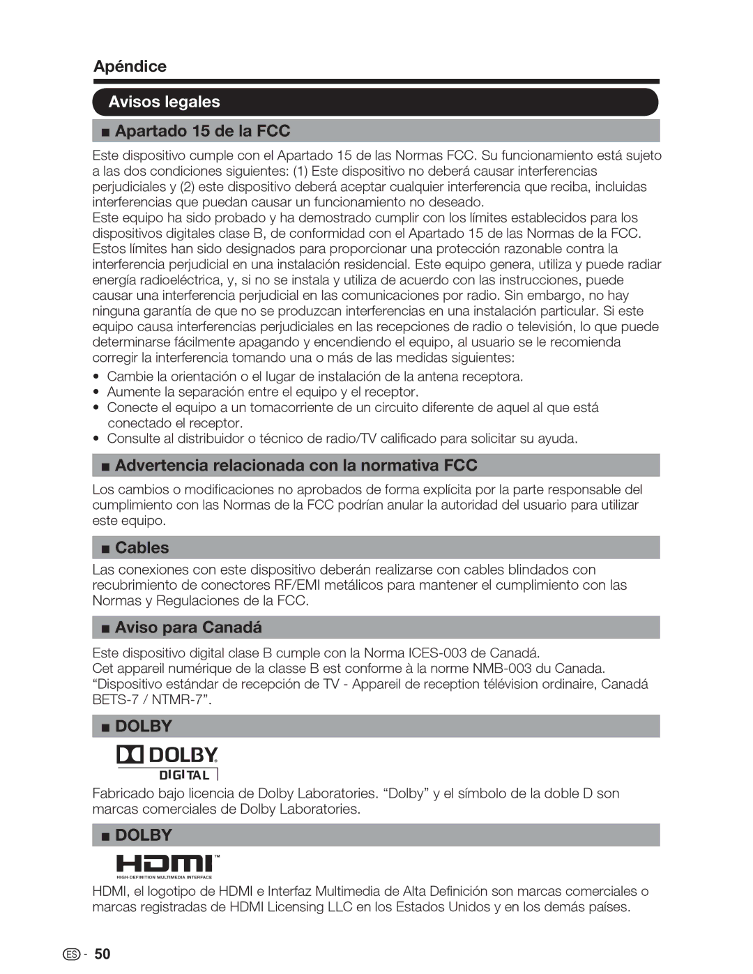 Sharp LC-32SV29U Avisos legales, Apartado 15 de la FCC, Advertencia relacionada con la normativa FCC, Aviso para Canadá 