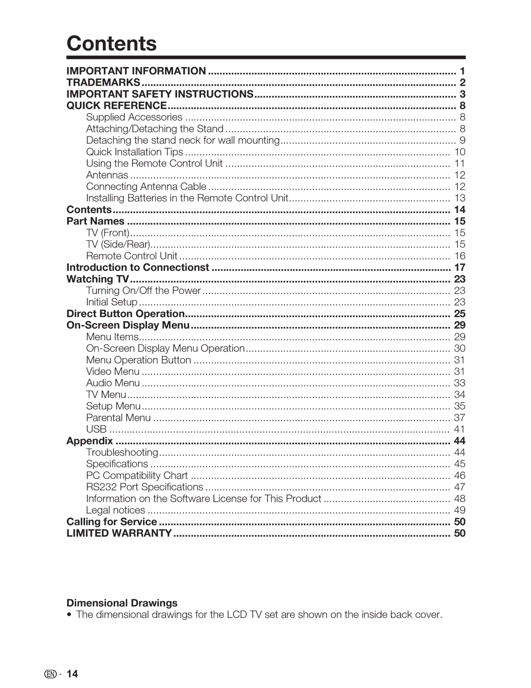 Sharp LC-46SV49U, LC-32SV29U, LC-26SV490U operation manual Contents 