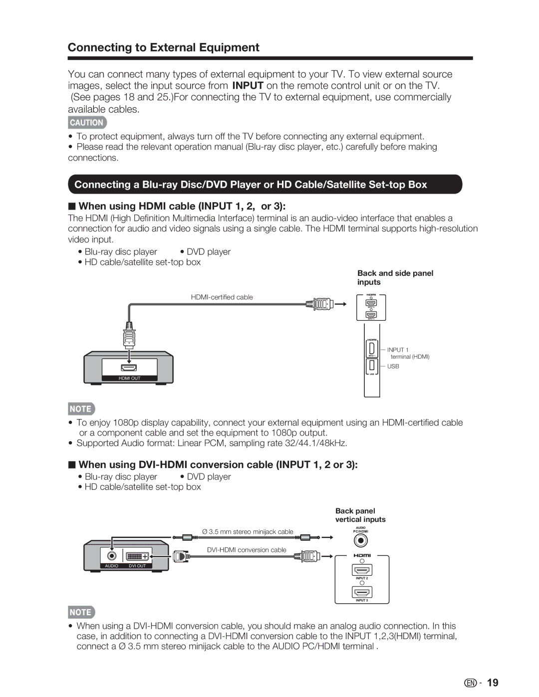 Sharp LC-32SV29U, LC-46SV49U, LC-26SV490U Connecting to External Equipment, When using Hdmi cable Input 1, 2, or 