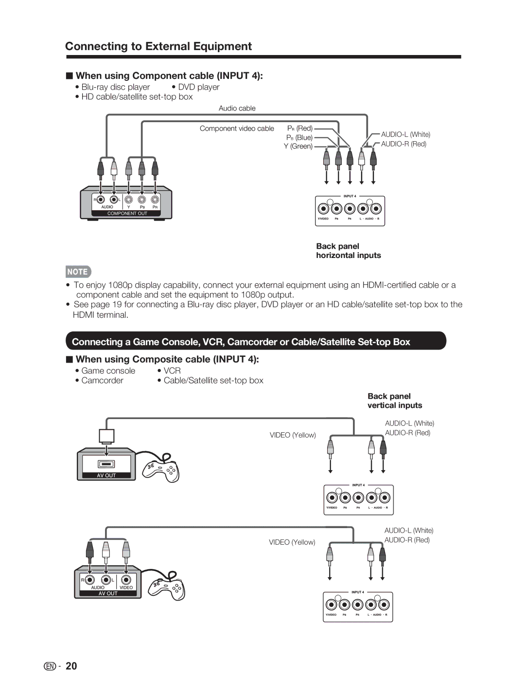 Sharp LC-46SV49U, LC-32SV29U, LC-26SV490U operation manual When using Component cable Input 