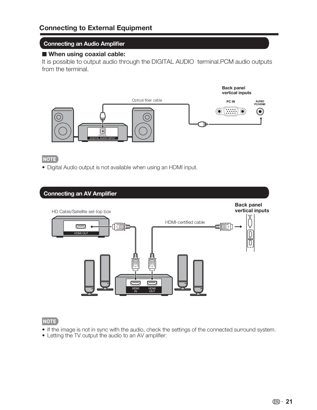 Sharp LC-26SV490U, LC-32SV29U, LC-46SV49U operation manual When using coaxial cable, Connecting an AV Ampliﬁer 