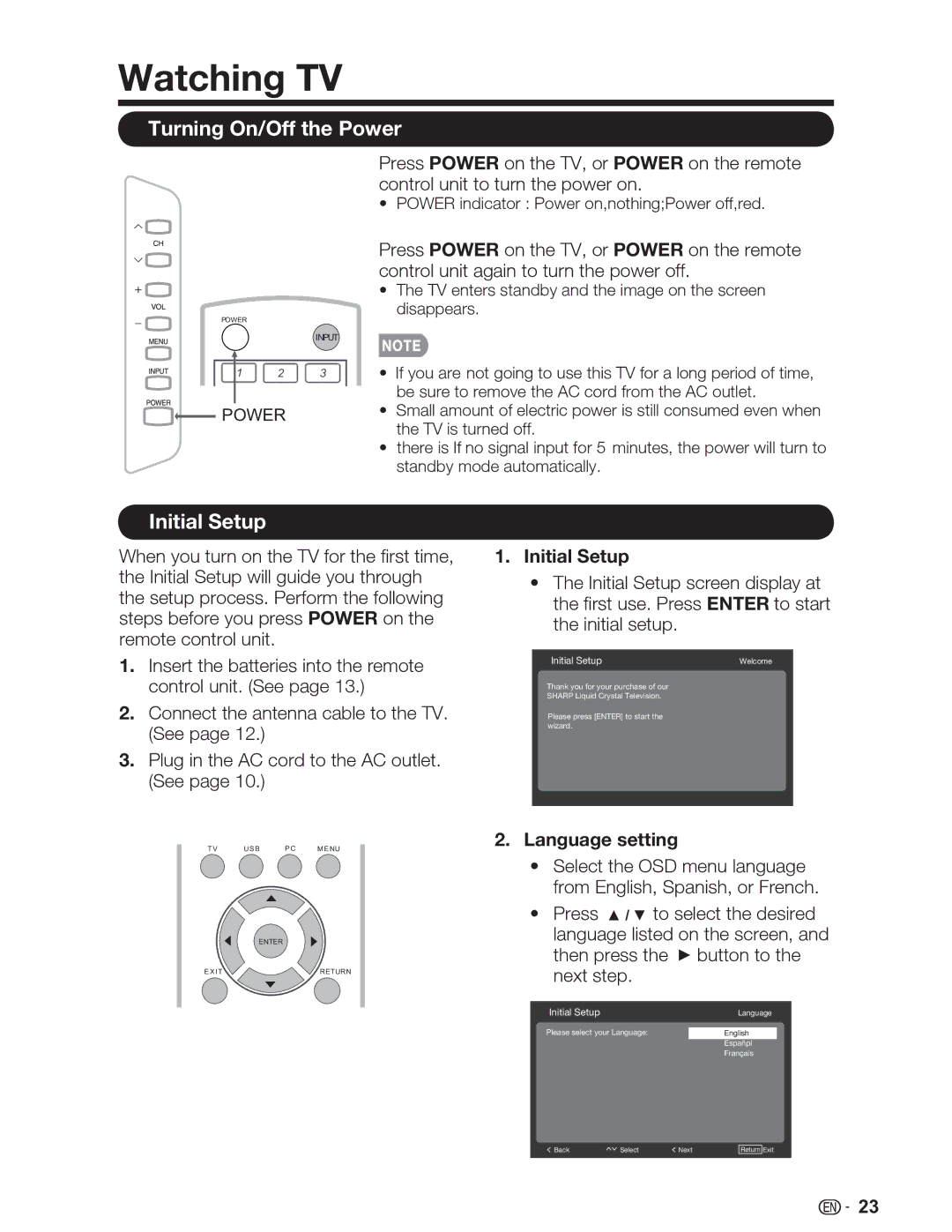 Sharp LC-46SV49U, LC-32SV29U, LC-26SV490U Watching TV, Turning On/Off the Power, Initial Setup, Language setting 