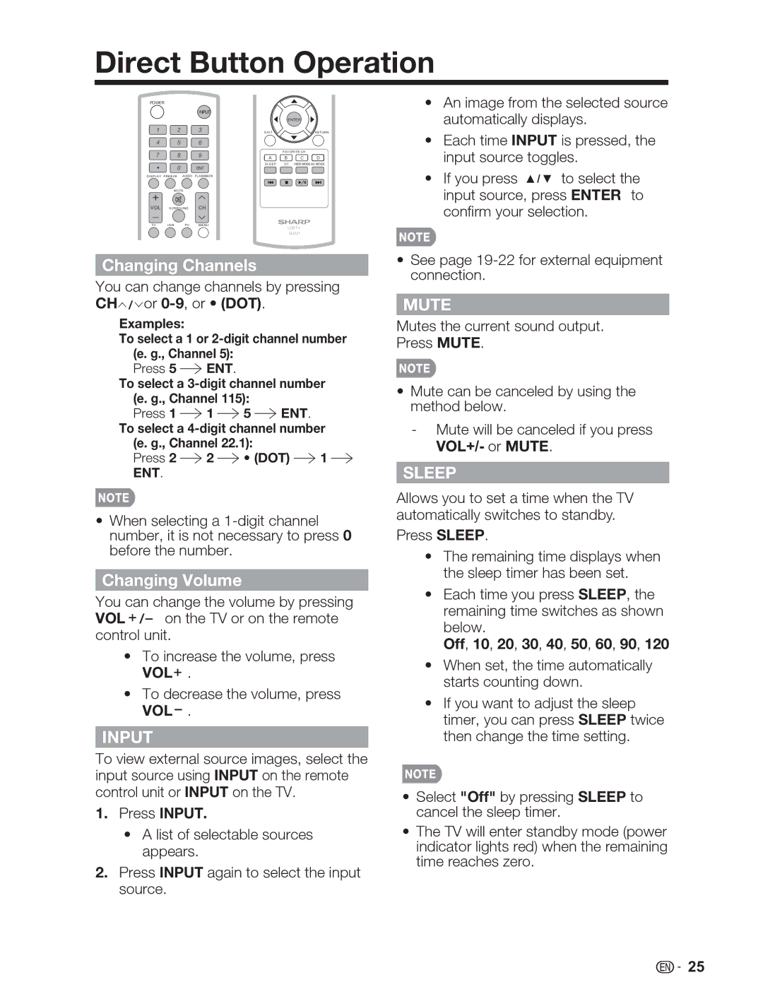 Sharp LC-32SV29U, LC-46SV49U, LC-26SV490U operation manual Direct Button Operation, Input, Mute, Sleep 