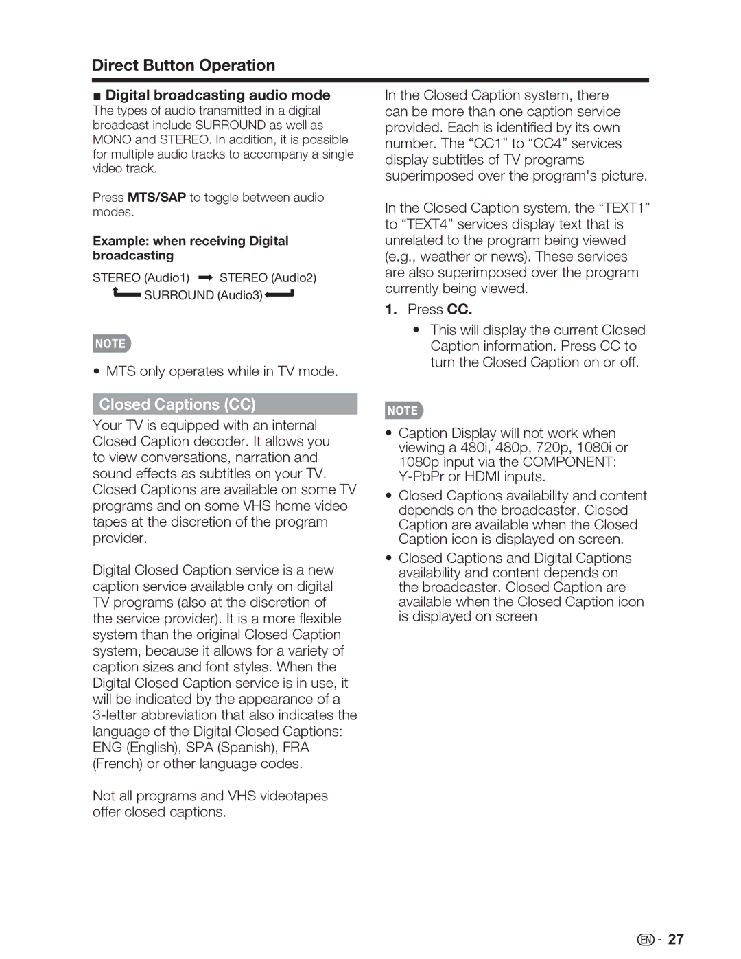 Sharp LC-26SV490U Closed Captions CC, Digital broadcasting audio mode, Example when receiving Digital broadcasting 