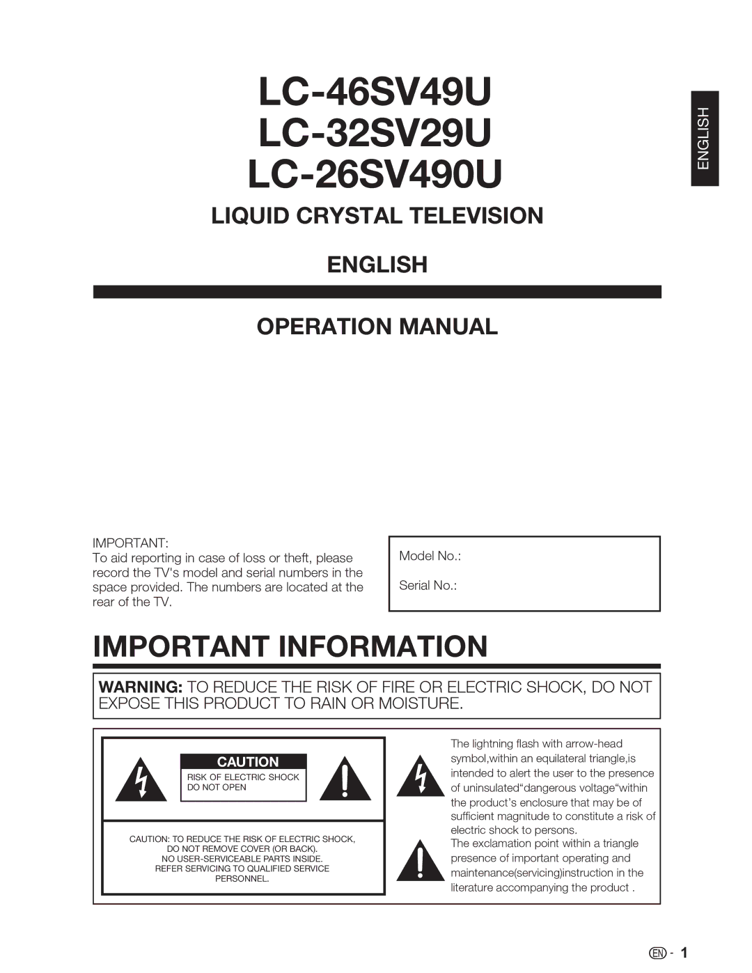 Sharp operation manual LC-46SV49U LC-32SV29U LC-26SV490U, Important Information 