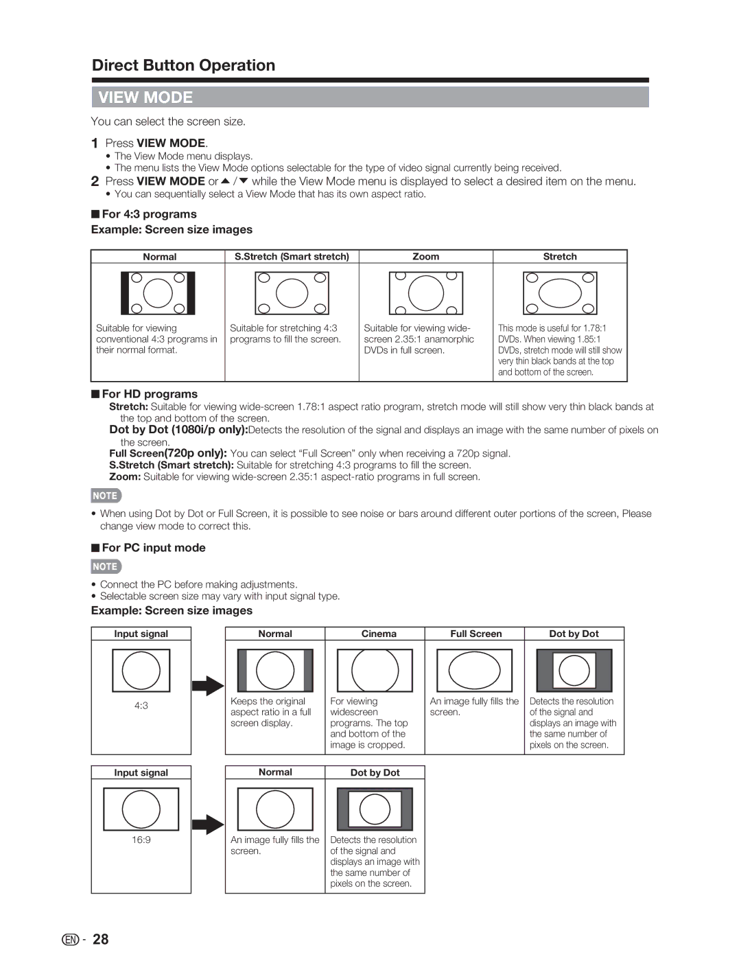 Sharp LC-32SV29U, LC-46SV49U, LC-26SV490U operation manual Press View Mode 