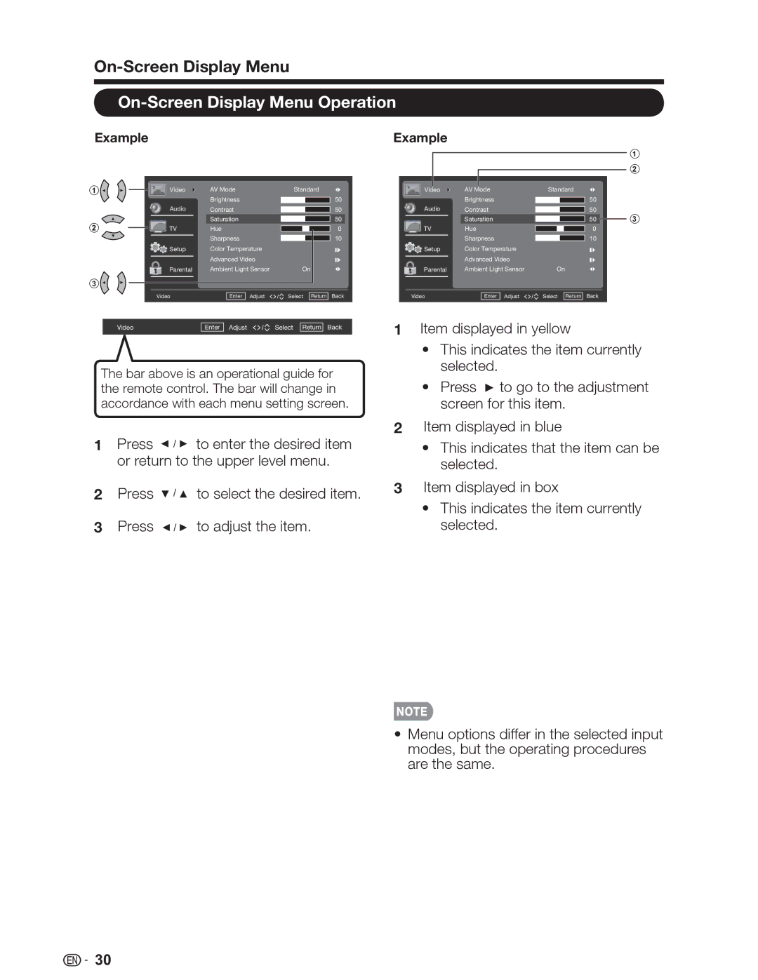 Sharp LC-26SV490U, LC-32SV29U, LC-46SV49U operation manual On-Screen Display Menu Operation 