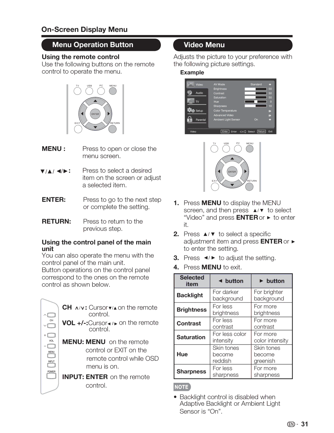 Sharp LC-32SV29U Menu Operation Button, Video Menu, Using the remote control, Using the control panel of the main unit 