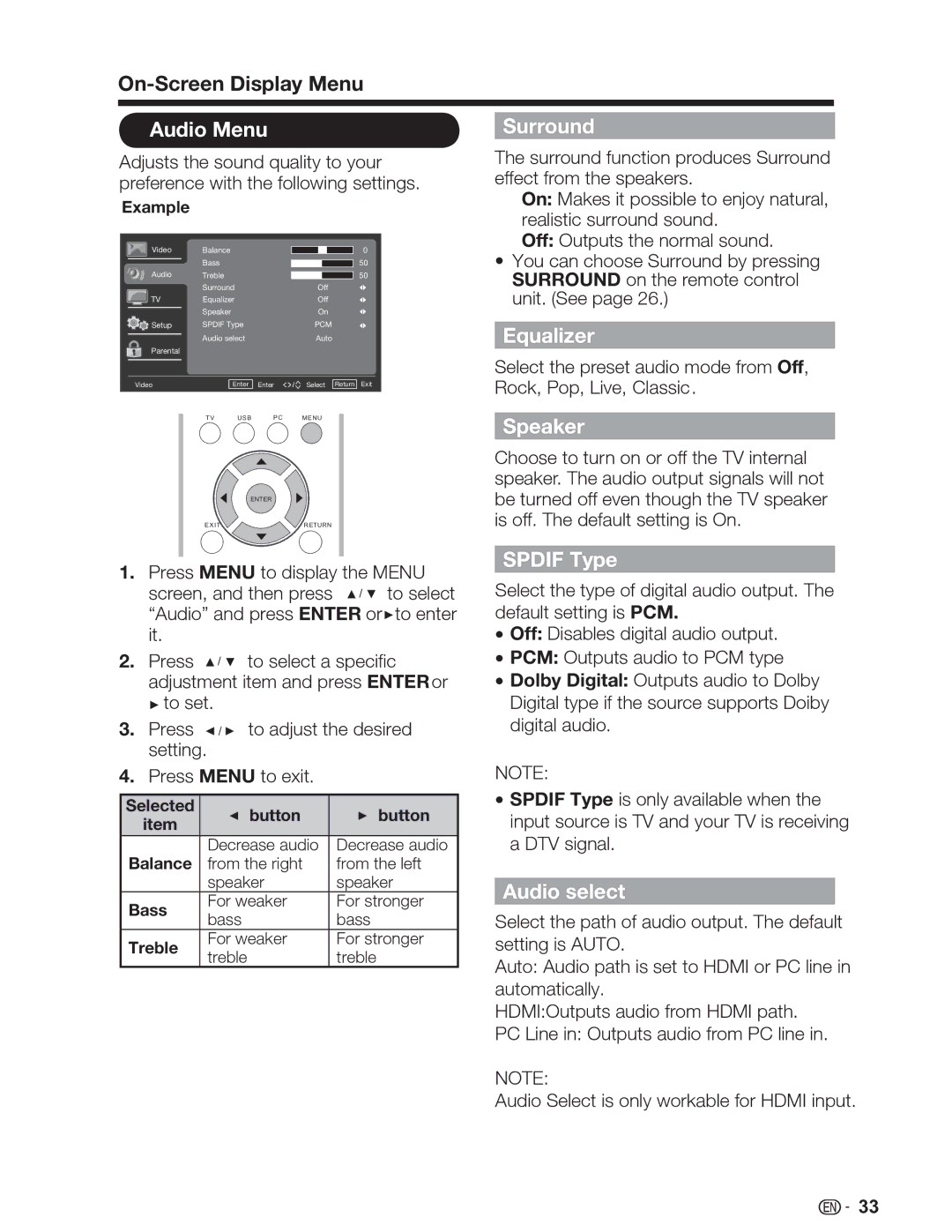 Sharp LC-26SV490U, LC-32SV29U, LC-46SV49U operation manual Audio Menu, Surround, Equalizer, Speaker, Spdif Type, Audio select 